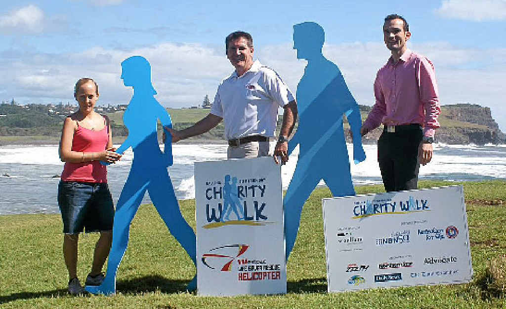 LONG WALK AHEAD: Katie Martin with Westpac Life Saver Rescue Helicopter general manager Kris Beavis and sponsor representative Brant Wood, of Woollam Constructions. Also pictured are “mascots” Charity and Strider. LONG WALK AHEAD: Katie Martin with Westpac Life Saver Rescue Helicopter general manager Kris Beavis and sponsor representative Brant Wood, of Woollam Constructions. Also pictured are “mascots” Charity and Strider.